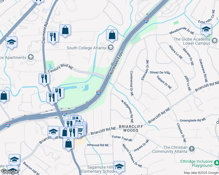 map of restaurants, bars, coffee shops, grocery stores, and more near 2048 Fisher Trail Northeast in Atlanta