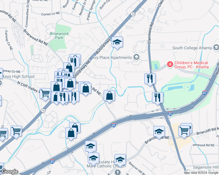 map of restaurants, bars, coffee shops, grocery stores, and more near 1816 Briarwood Industrial Court Northeast in Atlanta