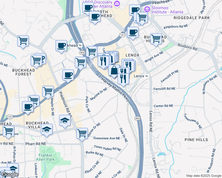 map of restaurants, bars, coffee shops, grocery stores, and more near 833 Martina Drive Northeast in Atlanta