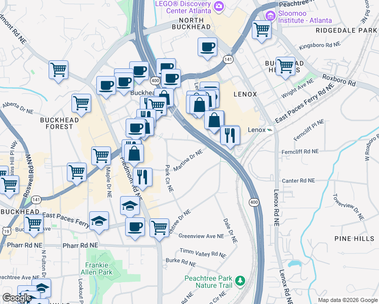 map of restaurants, bars, coffee shops, grocery stores, and more near 756 Martina Drive Northeast in Atlanta