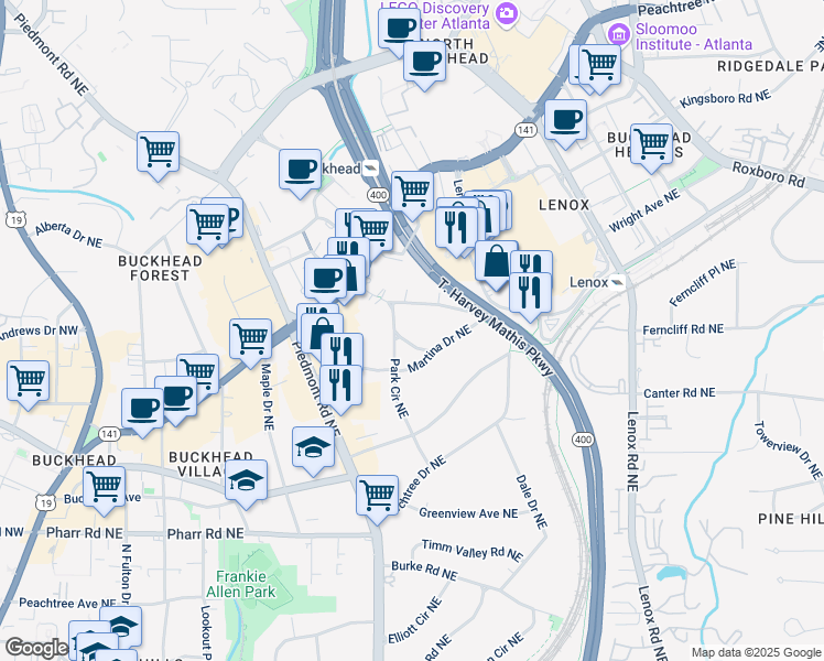 map of restaurants, bars, coffee shops, grocery stores, and more near 6 Arc Way Northeast in Atlanta