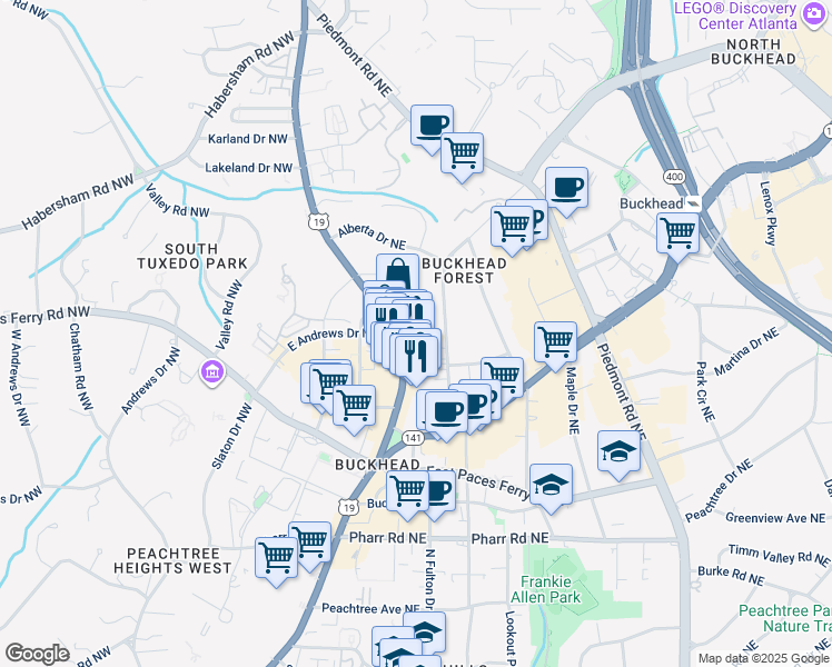map of restaurants, bars, coffee shops, grocery stores, and more near 3227 Roswell Road Northeast in Atlanta