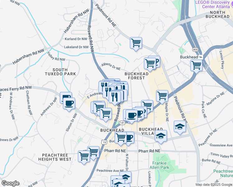 map of restaurants, bars, coffee shops, grocery stores, and more near 3230 Roswell Road Northeast in Atlanta