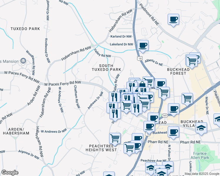 map of restaurants, bars, coffee shops, grocery stores, and more near 139 West Paces Ferry Road Northwest in Atlanta