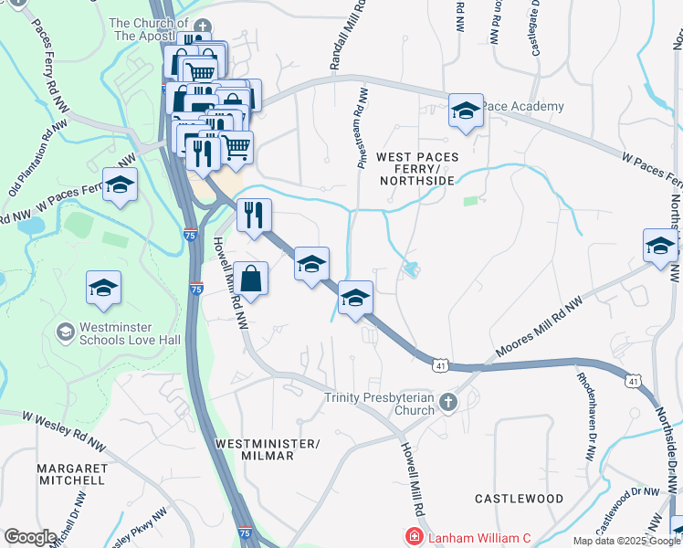 map of restaurants, bars, coffee shops, grocery stores, and more near 3240 Pinestream Road Northwest in Atlanta