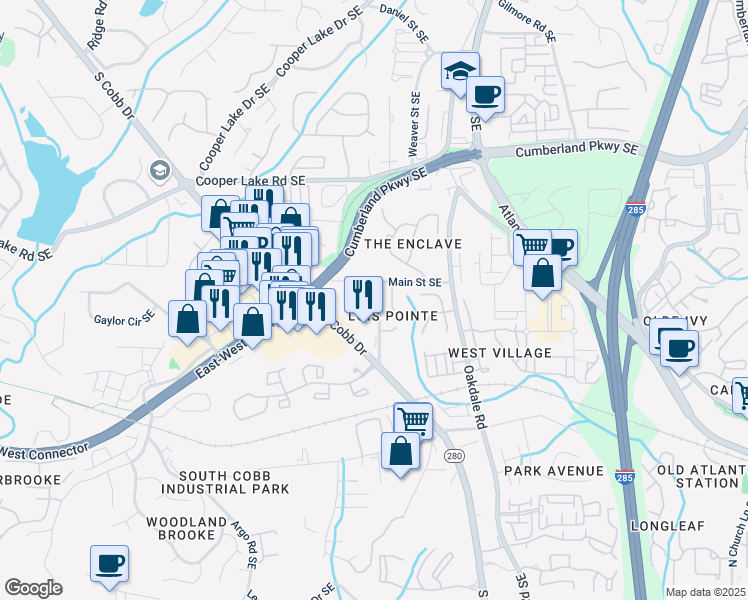 map of restaurants, bars, coffee shops, grocery stores, and more near 4550 Lois Street Southeast in Smyrna