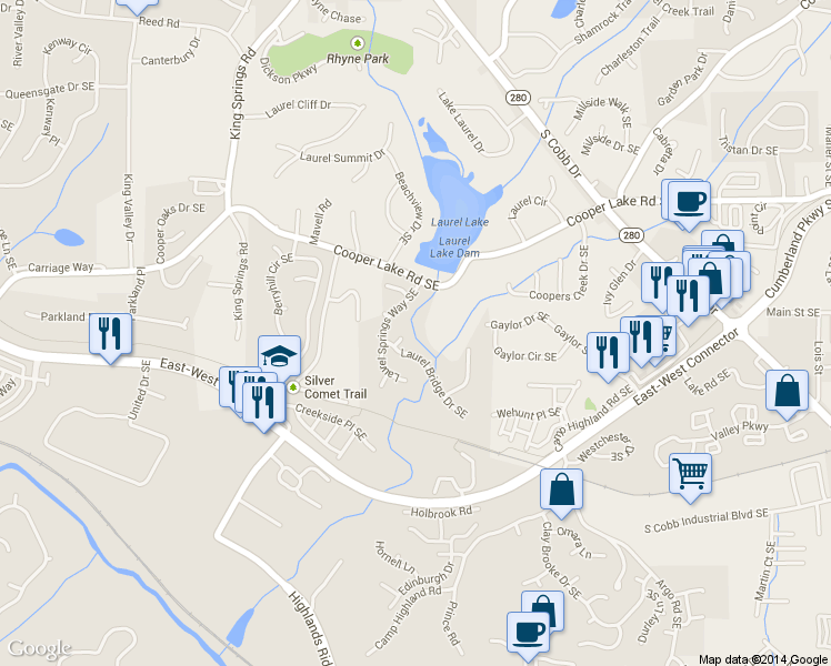 map of restaurants, bars, coffee shops, grocery stores, and more near 5029 David Place in Smyrna