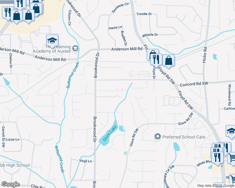 map of restaurants, bars, coffee shops, grocery stores, and more near Brookwood Drive in Mableton