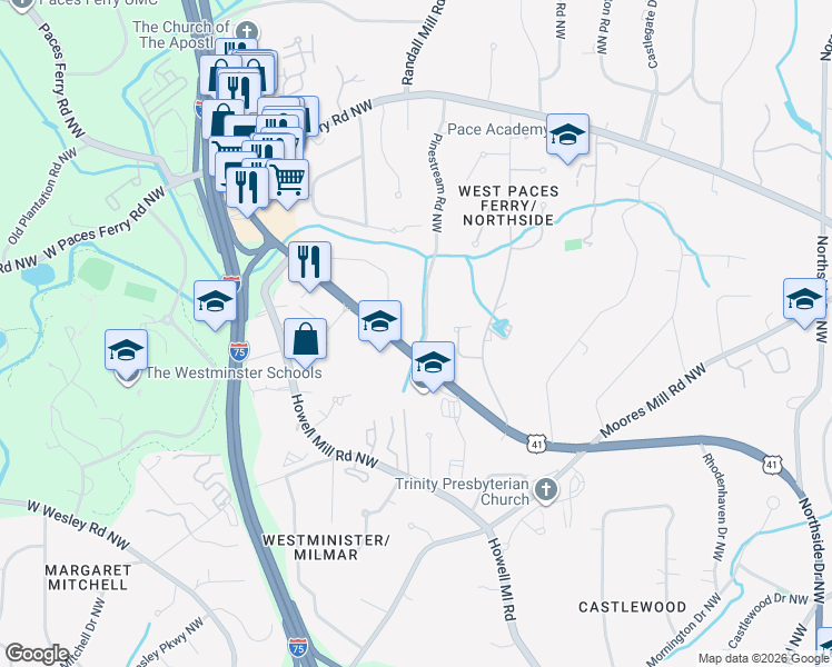 map of restaurants, bars, coffee shops, grocery stores, and more near 3228 Pinestream Road Northwest in Atlanta