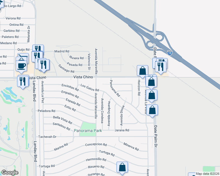 map of restaurants, bars, coffee shops, grocery stores, and more near 68615 Panorama Road in Cathedral City
