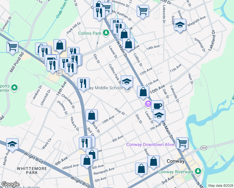 map of restaurants, bars, coffee shops, grocery stores, and more near 1015 Elm Street in Conway