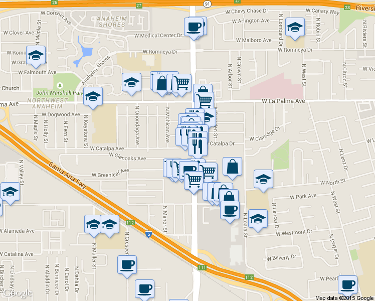 map of restaurants, bars, coffee shops, grocery stores, and more near 825 North Euclid Street in Anaheim