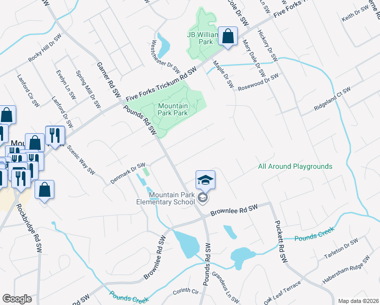 map of restaurants, bars, coffee shops, grocery stores, and more near 5045 Fox Forest Drive Southwest in Lilburn