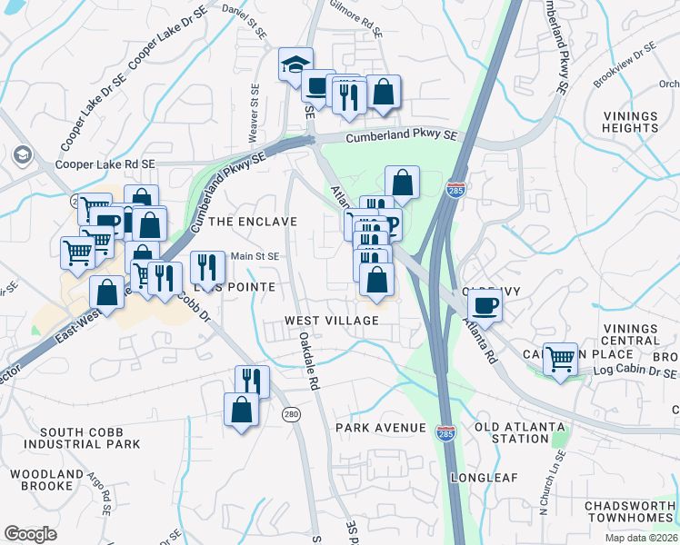map of restaurants, bars, coffee shops, grocery stores, and more near 4520 Pine Street in Smyrna