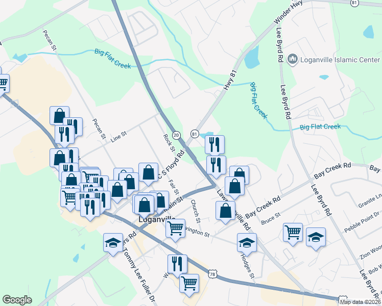 map of restaurants, bars, coffee shops, grocery stores, and more near 4300 Lawrenceville Road in Loganville