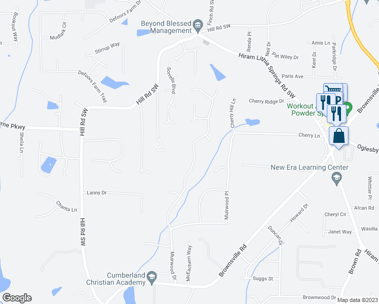 map of restaurants, bars, coffee shops, grocery stores, and more near 4893 Muirwood Drive in Powder Springs
