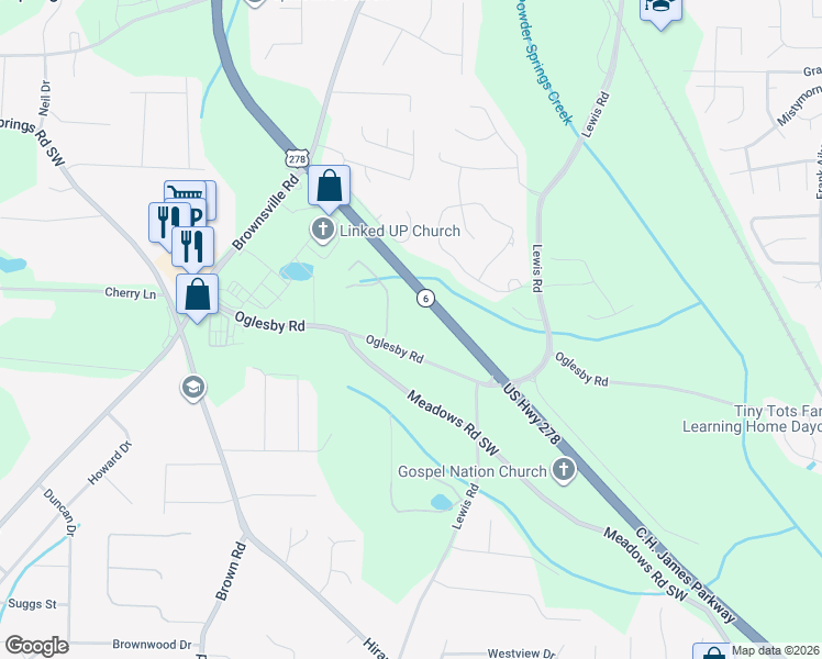 map of restaurants, bars, coffee shops, grocery stores, and more near 4700 Oglesby Road in Powder Springs