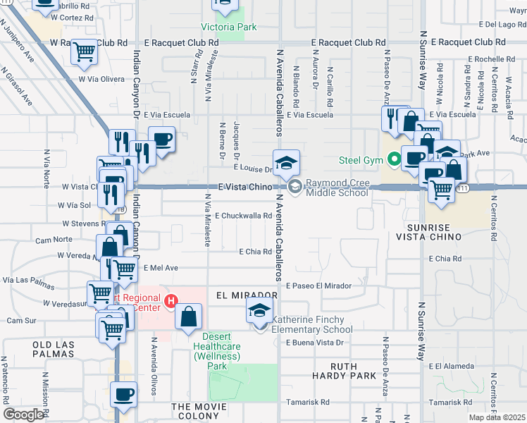 map of restaurants, bars, coffee shops, grocery stores, and more near 920 East Chuckwalla Road in Palm Springs