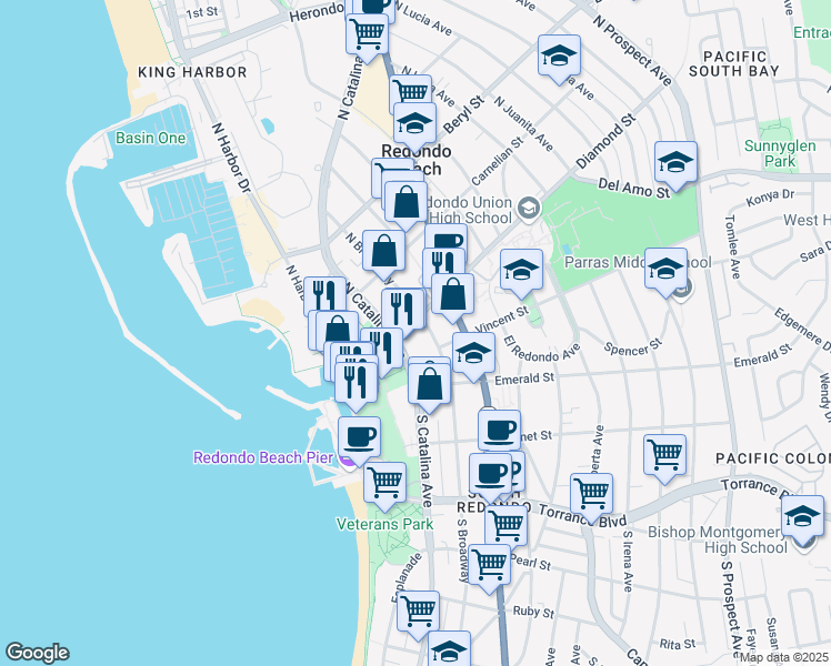 map of restaurants, bars, coffee shops, grocery stores, and more near 132 North Catalina Avenue in Redondo Beach