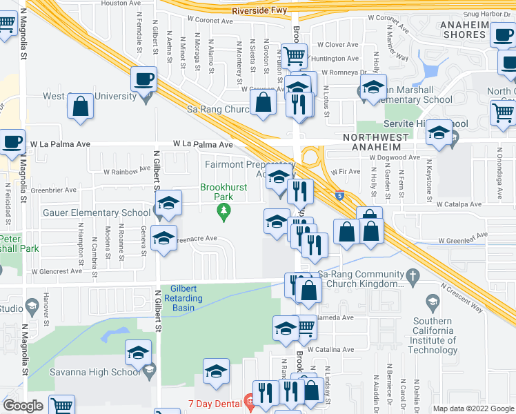 map of restaurants, bars, coffee shops, grocery stores, and more near 2248 West Valdina Avenue in Anaheim