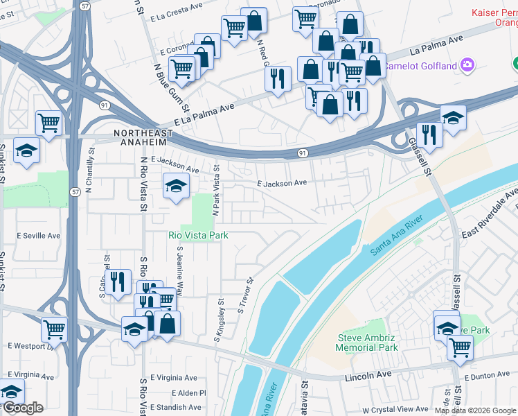 map of restaurants, bars, coffee shops, grocery stores, and more near 320 North Park Vista Street in Anaheim