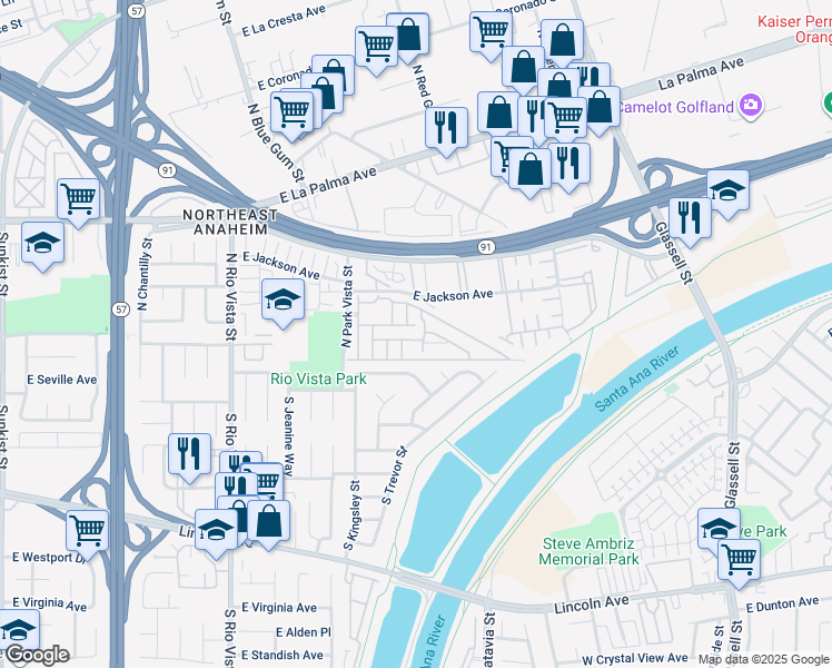 map of restaurants, bars, coffee shops, grocery stores, and more near 320 North Park Vista Street in Anaheim