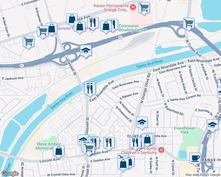 map of restaurants, bars, coffee shops, grocery stores, and more near 401 East Riverview Avenue in Orange
