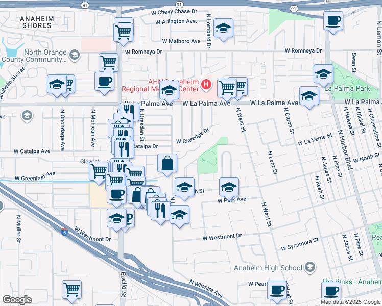 map of restaurants, bars, coffee shops, grocery stores, and more near 810 North Loara Street in Anaheim