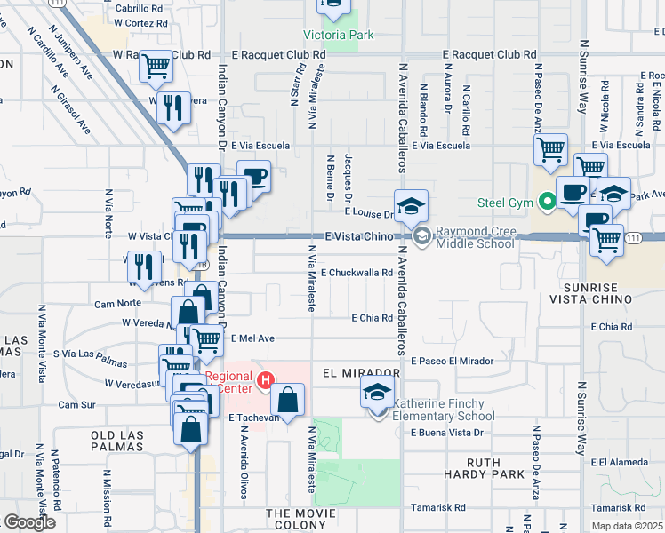 map of restaurants, bars, coffee shops, grocery stores, and more near 1480 North Vía Miraleste in Palm Springs