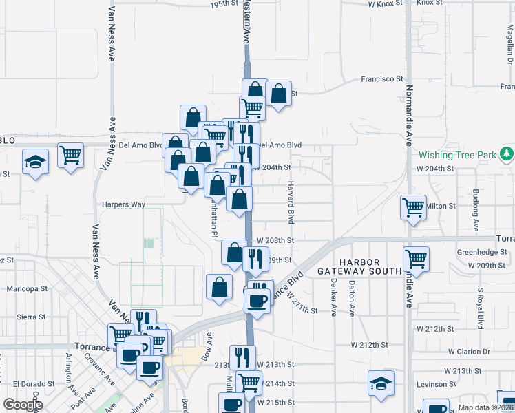 map of restaurants, bars, coffee shops, grocery stores, and more near 1639 West 207th Street in Torrance