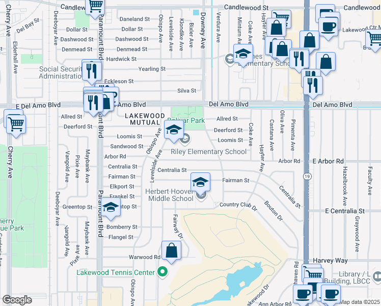 map of restaurants, bars, coffee shops, grocery stores, and more near 3328 Sandwood Street in Lakewood
