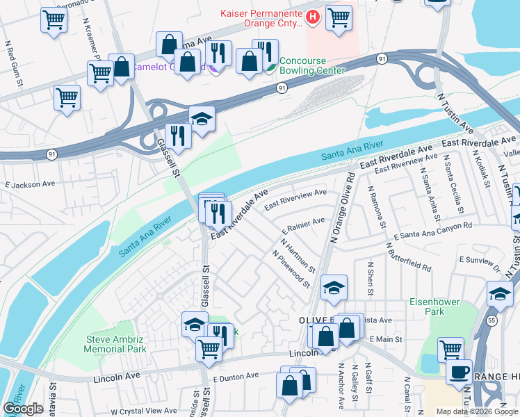 map of restaurants, bars, coffee shops, grocery stores, and more near 401 East Riverview Avenue in Orange
