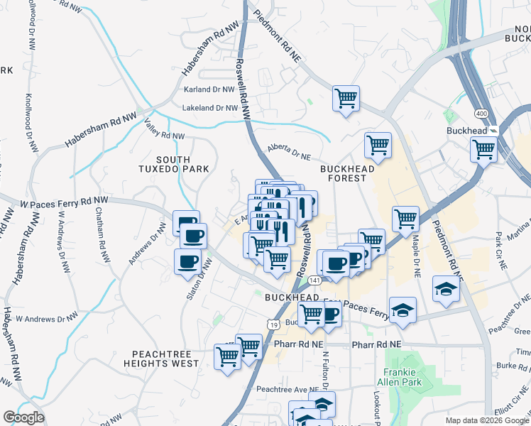 map of restaurants, bars, coffee shops, grocery stores, and more near 77 East Andrews Drive Northwest in Atlanta