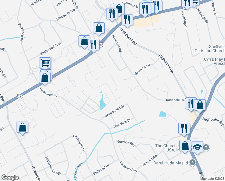 map of restaurants, bars, coffee shops, grocery stores, and more near 2381 Boone Place in Snellville