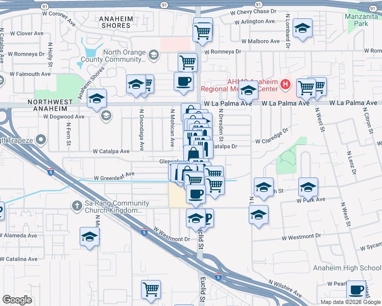 map of restaurants, bars, coffee shops, grocery stores, and more near 825 North Euclid Street in Anaheim