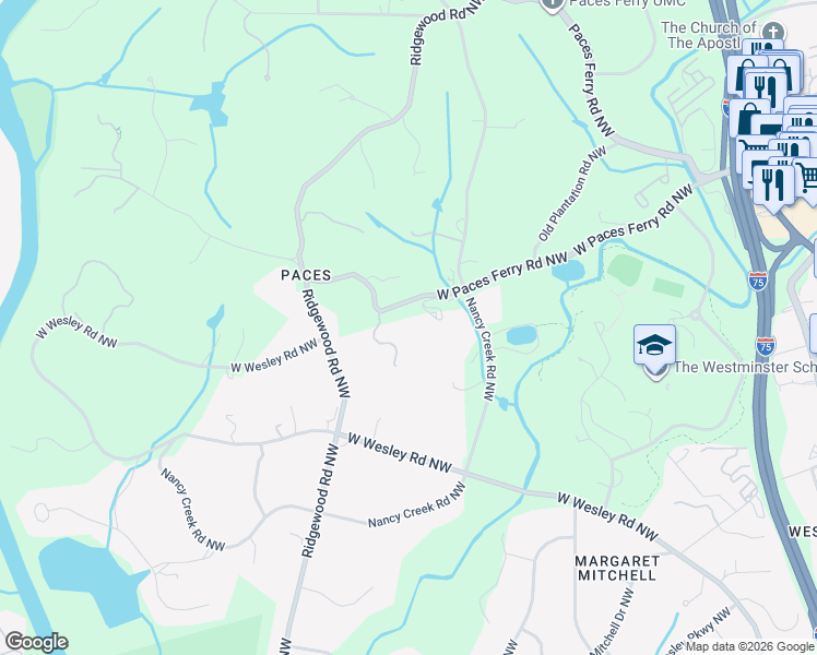 map of restaurants, bars, coffee shops, grocery stores, and more near 3195 Paces Bend Court Northwest in Atlanta