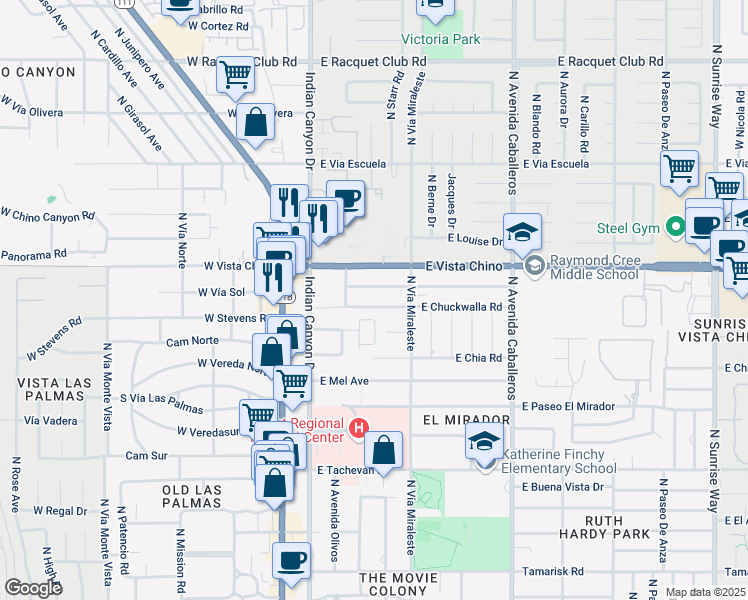 map of restaurants, bars, coffee shops, grocery stores, and more near 476 East Chuckwalla Road in Palm Springs