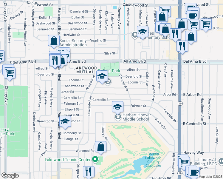 map of restaurants, bars, coffee shops, grocery stores, and more near 3328 Sandwood Street in Lakewood
