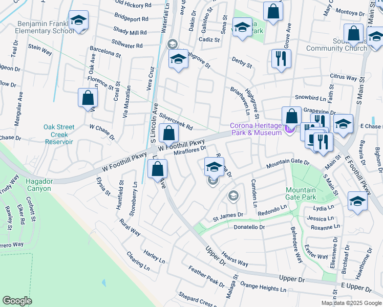 map of restaurants, bars, coffee shops, grocery stores, and more near 996 Miraflores Drive in Corona
