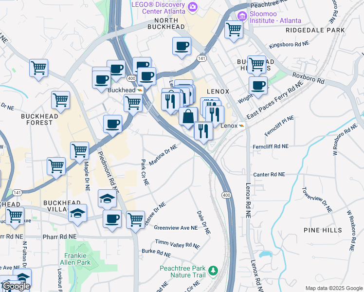 map of restaurants, bars, coffee shops, grocery stores, and more near 833 Martina Drive Northeast in Atlanta