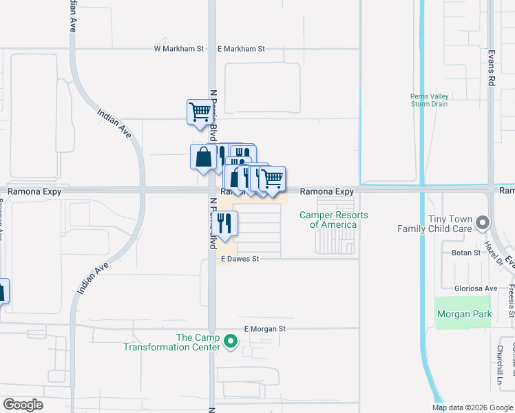map of restaurants, bars, coffee shops, grocery stores, and more near Polaris Street in Perris