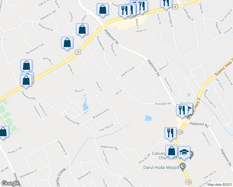 map of restaurants, bars, coffee shops, grocery stores, and more near 3250 Inez Drive in Snellville
