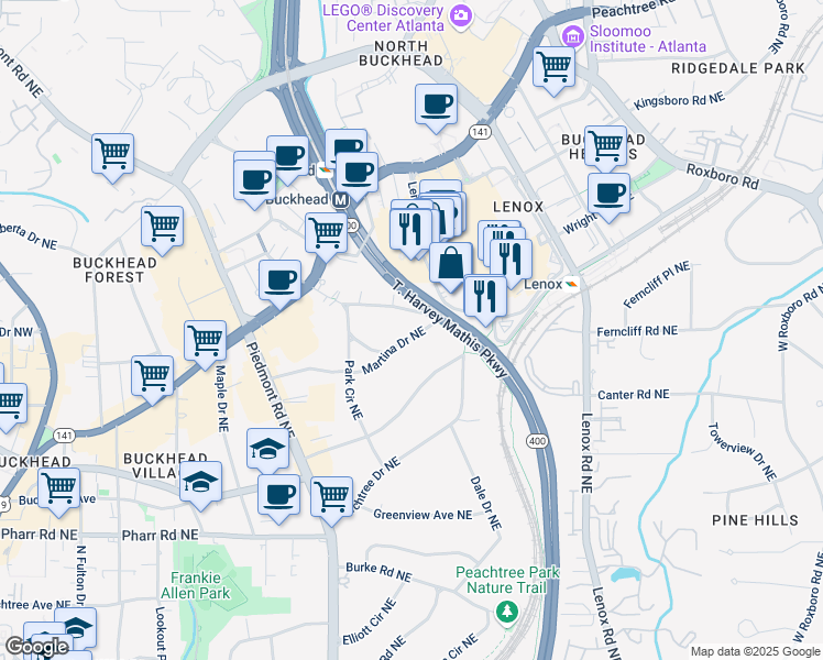 map of restaurants, bars, coffee shops, grocery stores, and more near 790 Martina Drive Northeast in Atlanta