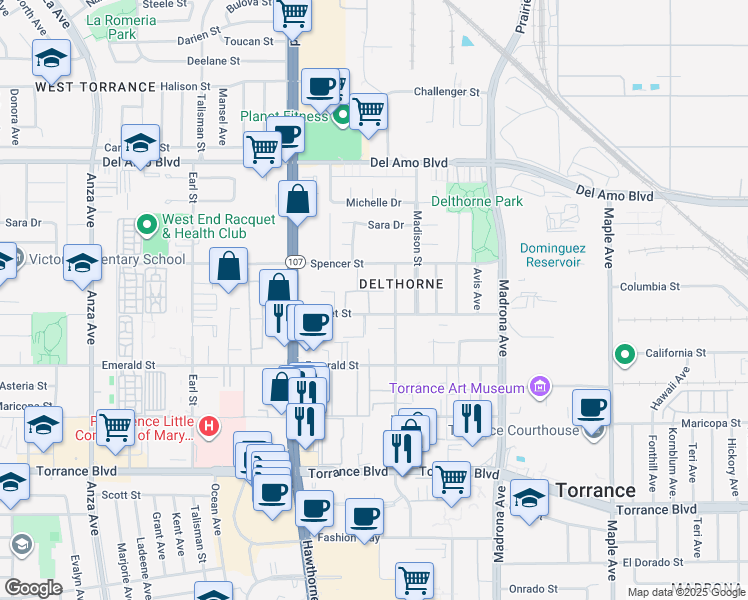map of restaurants, bars, coffee shops, grocery stores, and more near 3627 Garnet Street in Torrance