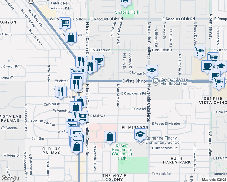 map of restaurants, bars, coffee shops, grocery stores, and more near 463 East Chuckwalla Road in Palm Springs