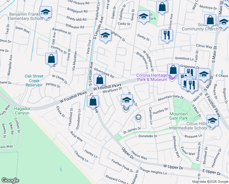 map of restaurants, bars, coffee shops, grocery stores, and more near 3159 Hannover Street in Corona