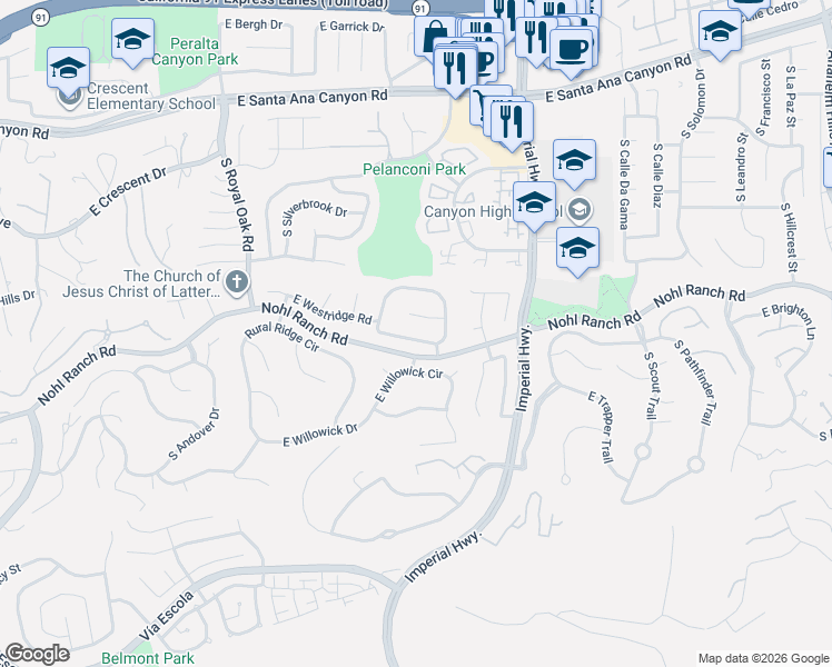 map of restaurants, bars, coffee shops, grocery stores, and more near 5410 Nohl Ranch Road in Anaheim