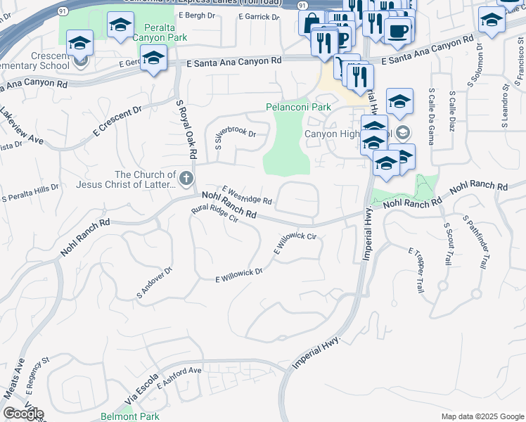map of restaurants, bars, coffee shops, grocery stores, and more near 5404 Indian Wells Court in Anaheim