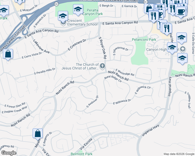 map of restaurants, bars, coffee shops, grocery stores, and more near 5220 East Fairlee Court in Anaheim