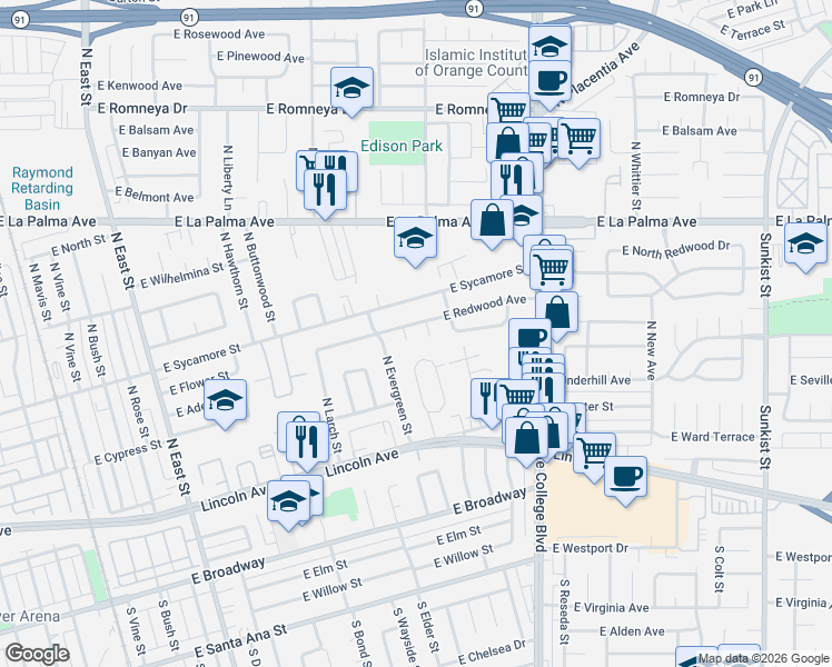 map of restaurants, bars, coffee shops, grocery stores, and more near 173 North Evelyn Drive in Anaheim